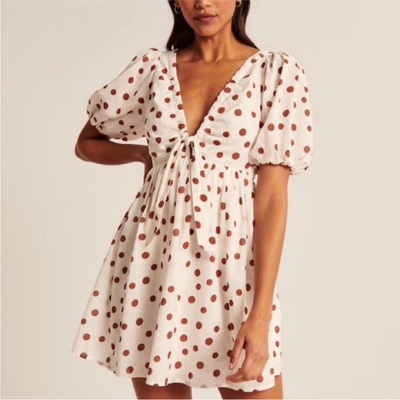 Abercrombie & Fitch Cream & Brown Polka Dot Puff Sleeve Mini Dress, Size SP - Picture 2 of 12